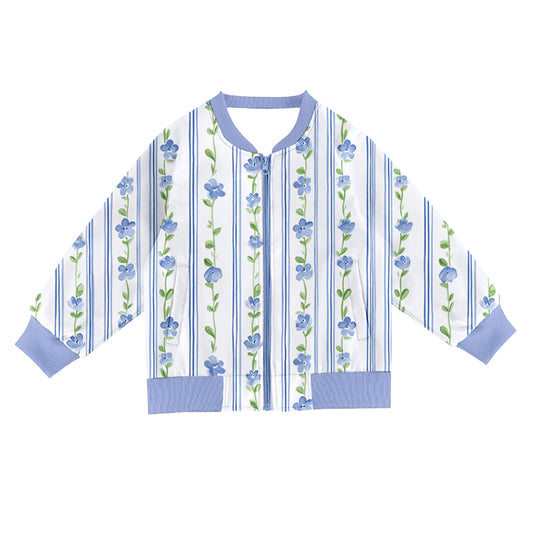 MOQ 8 preorder GT1248 Flower Stripe Blue Zipper Long Sleeve Girls Top 202509