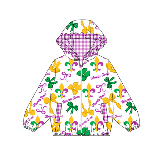 MOQ 8 preorder GT1250 Mardi Gras Purple Plaid Ruffle Hooded Zipper Long Sleeve Girls Top 202509