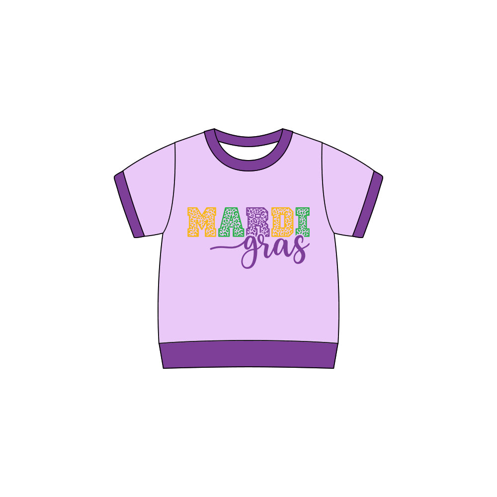 MOQ  8 preorder GT1257 Mardi Gras Letter Purple Short Sleeve Girls Top 202509
