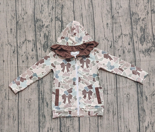 NO MOQ preorder GT1263-XS-3XL Bows Camouflage Ruffle Hooded Zipper Long Sleeve Girls Top 202509