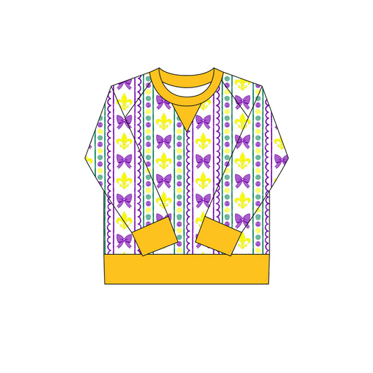 MOQ 8 Preorder GT1269 Mardi Gras Bow Pattern Wavy Striped Long Sleeve Girls Yoga Tops 202509