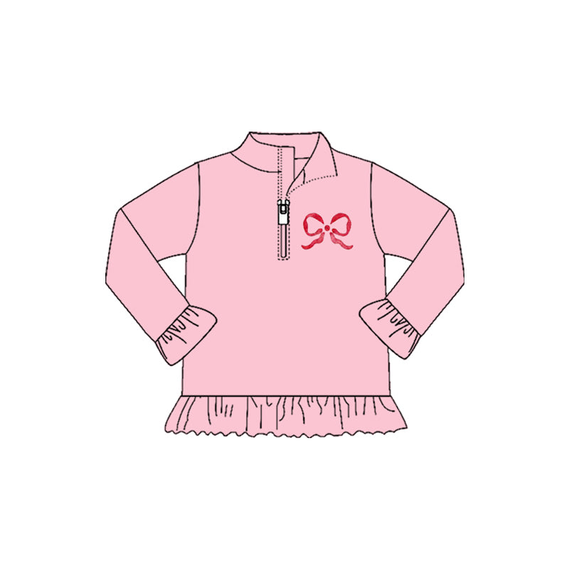 MOQ 8 preorder GT1270 Valentine's Day Bows Pink Zip up Collar Long Sleeve Girls Top 202509