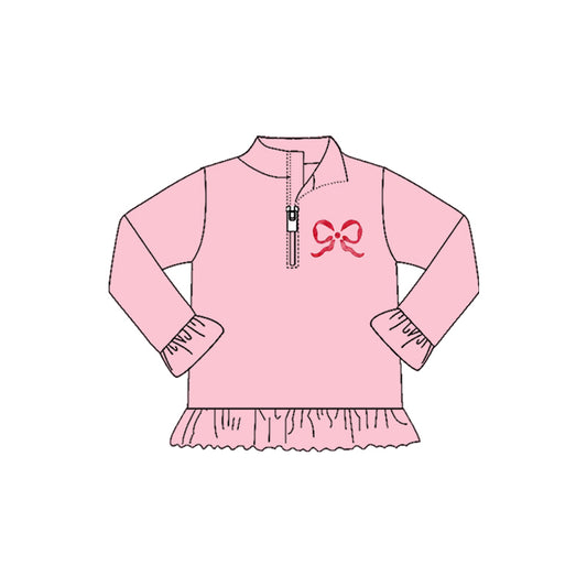 MOQ 8 preorder GT1270 Valentine's Day Bows Pink Zip up Collar Long Sleeve Girls Top 202509