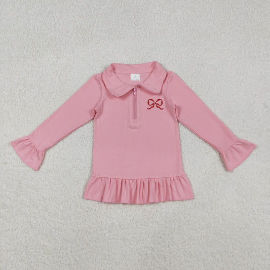 GT1270 Valentine's Day Embroidered Bows Pink Zip up Collar Long Sleeve Girls Top 202511 RTS