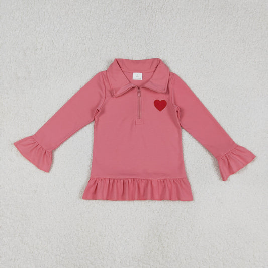 GT1271 Valentine's Day Embroidered Love Pink Red Zip up Collar Long Sleeve Girls Top 202511 RTS