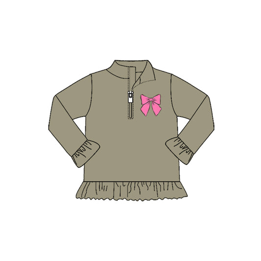 MOQ 8 preorder GT1272 Valentine's Day Bows Army Green Zip up Collar Long Sleeve Girls Top 202509