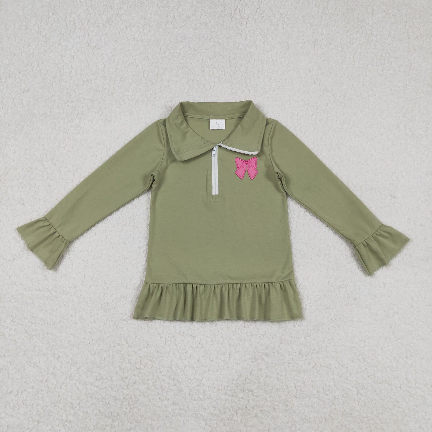 GT1272 Valentine's Day Bows Army Green Zip up Collar Long Sleeve Girls Top 202511 RTS