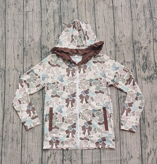 NO MOQ Preorder GT1273 Adult Female Bows Camouflage Hooded Ruffle Zipper Long Sleeve Top  202509
