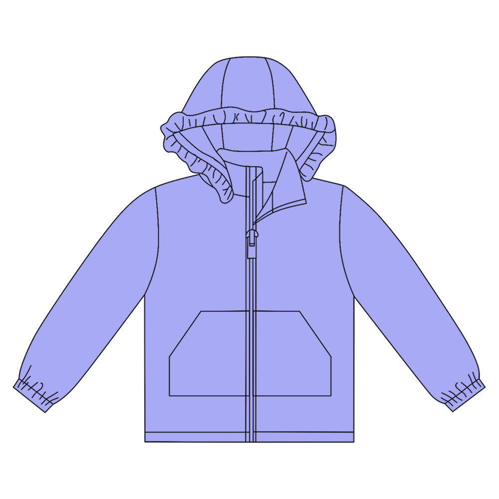 MOQ 8 preorder GT1275 Solid Blue Purple Ruffle Hooded Zipper Long Sleeve Girls Top 202509