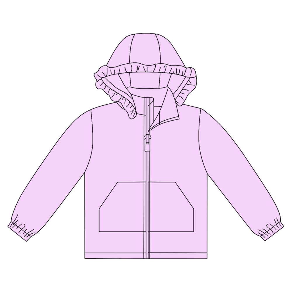 MOQ 8 preorder GT1279 Solid Light Purple Ruffle Hooded Zipper Long Sleeve Girls Top 202509