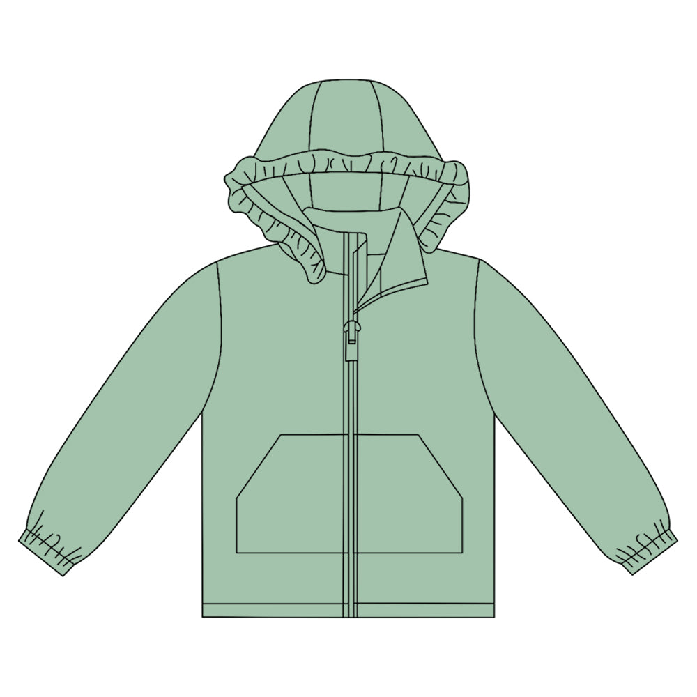 MOQ 8 preorder GT1281 Solid Pea Green Ruffle Hooded Zipper Long Sleeve Girls Top 202509