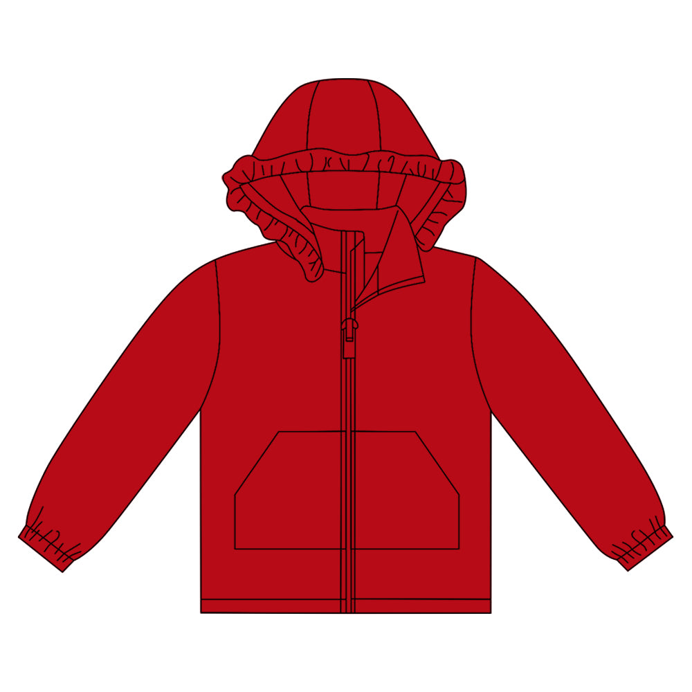 MOQ 8 preorder GT1283 Solid Red Ruffle Hooded Zipper Long Sleeve Girls Top 202509