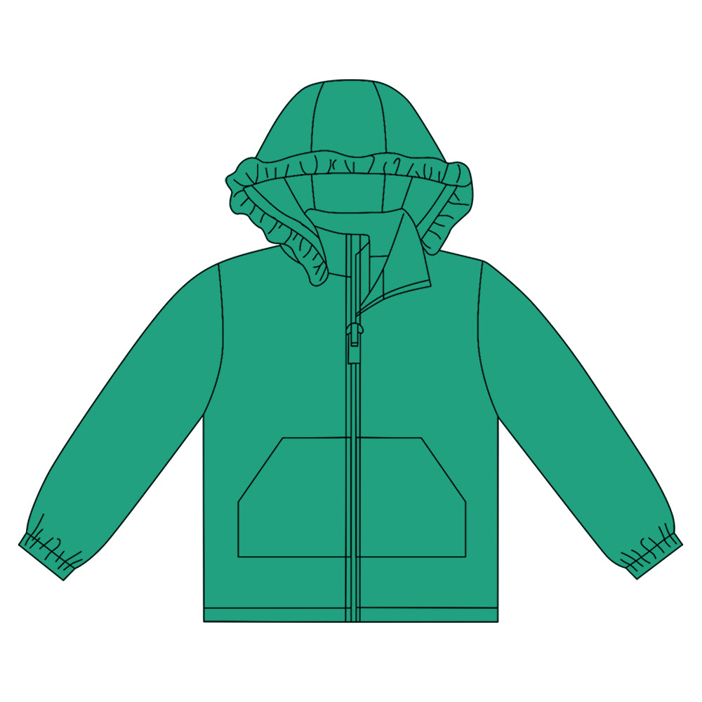 MOQ 8 preorder GT1284 Solid Green Ruffle Hooded Zipper Long Sleeve Girls Top 202509