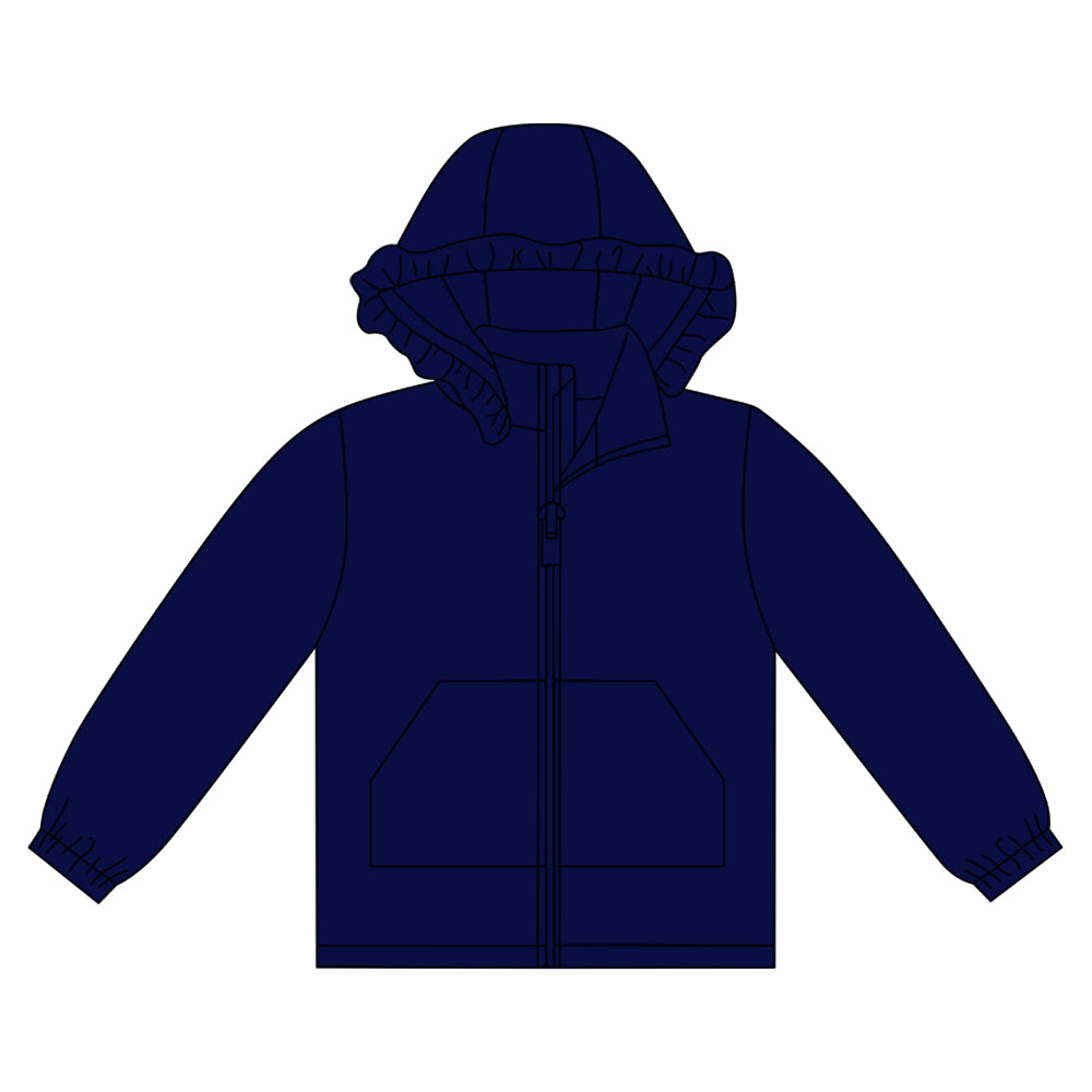 MOQ 8 preorder GT1285 Solid Dark Blue Ruffle Hooded Zipper Long Sleeve Girls Top 202509