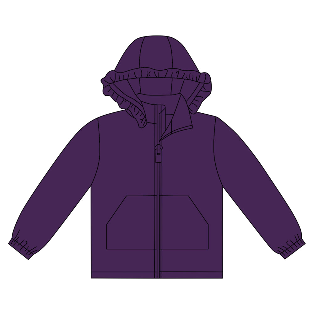 MOQ 8 preorder GT1287 Solid Purple Ruffle Hooded Zipper Long Sleeve Girls Top 202509