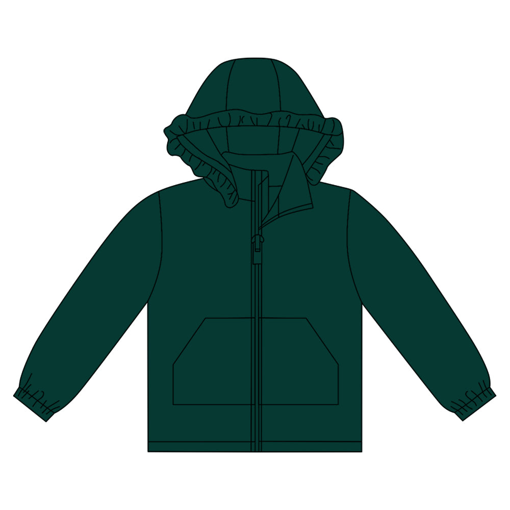 MOQ 8 preorder GT1288 Solid Dark Green Ruffle Hooded Zipper Long Sleeve Girls Top 202509