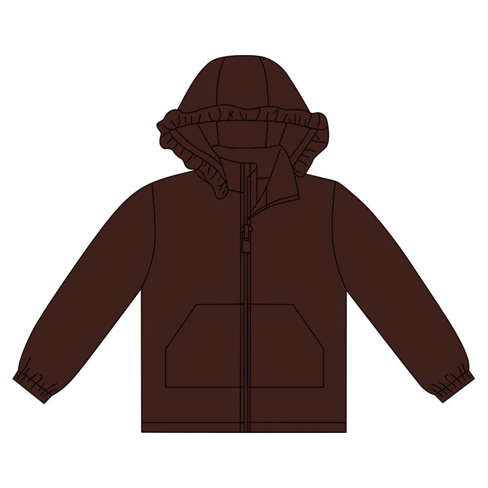 MOQ 8 preorder GT1289 Solid Brown Ruffle Hooded Zipper Long Sleeve Girls Top 202509