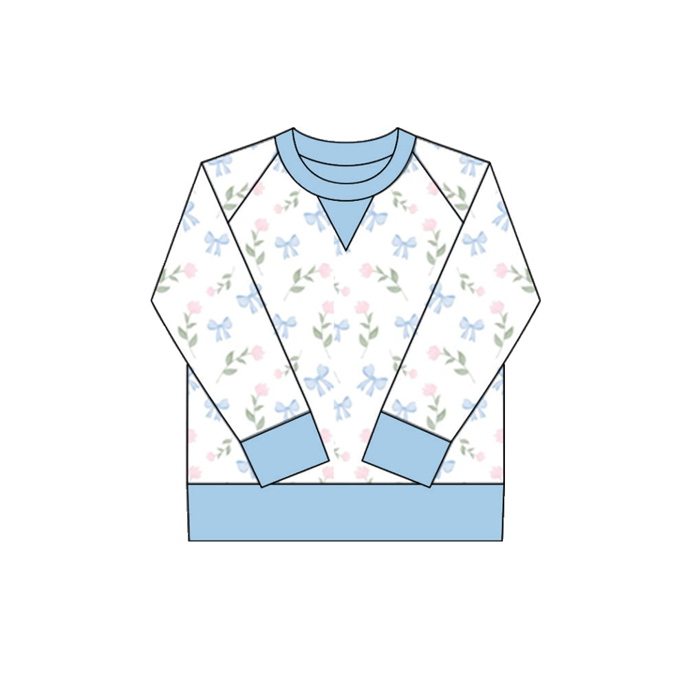 MOQ 8 Preorder GT1295 Flower Bows Blue White Long Sleeve Girls Yoga Tops 202510