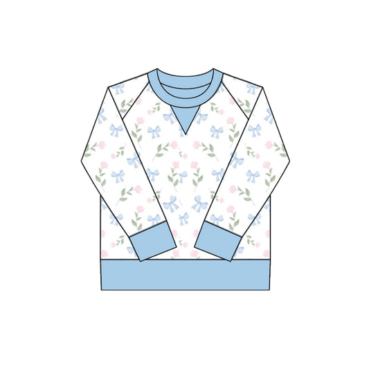 MOQ 8 Preorder GT1295 Flower Bows Blue White Long Sleeve Girls Yoga Tops 202510