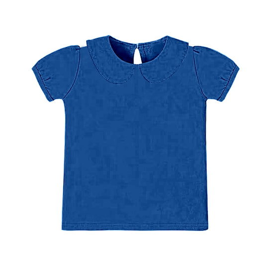 MOQ 8 Preorder GT1302 Solid Blue Doll Collar Short Sleeve Girls Yoga Tops 202510