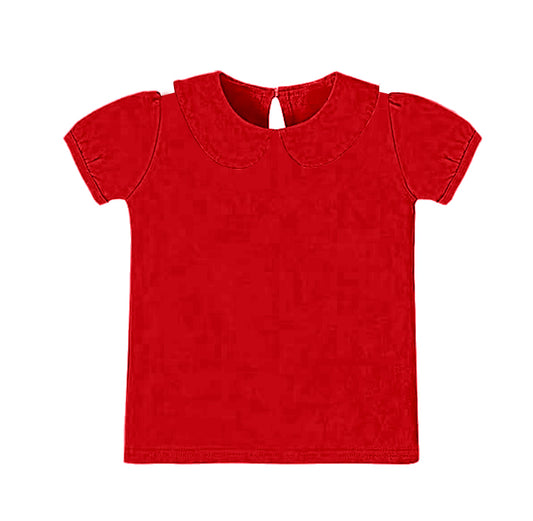 MOQ 8 Preorder GT1305 Solid Red Doll Collar Short Sleeve Girls Yoga Tops 202510