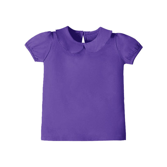 MOQ 8 Preorder GT1306 Solid Purple Doll Collar Short Sleeve Girls Yoga Tops 202510
