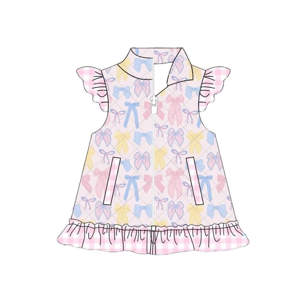 MOQ 8 Preorder GT1308 Pink Blue Bows Plaid Ruffle Flying Sleeve Vest Girls Tops 202510