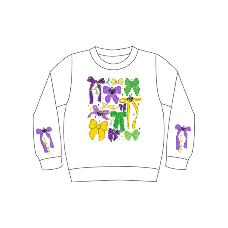 MOQ 8 Preorder GT1313 Mardi Gras Bows Pattern White Long Sleeve Girls Tops 202510