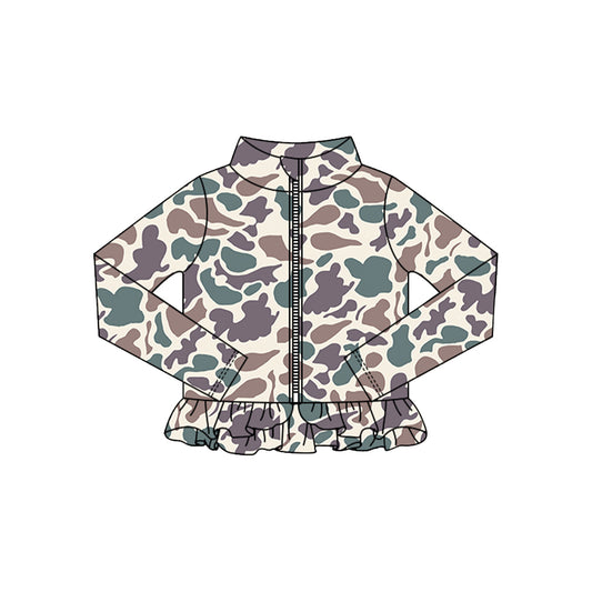 MOQ 5 Preorder GT1314 Purple Camouflage Ruffle Zipper Long Sleeve Girls Yoga Tops 202510