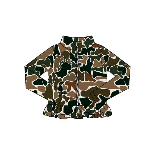 MOQ 5 Preorder GT1315 Brown Green Camouflage Ruffle Zipper Long Sleeve Girls Yoga Tops 202510