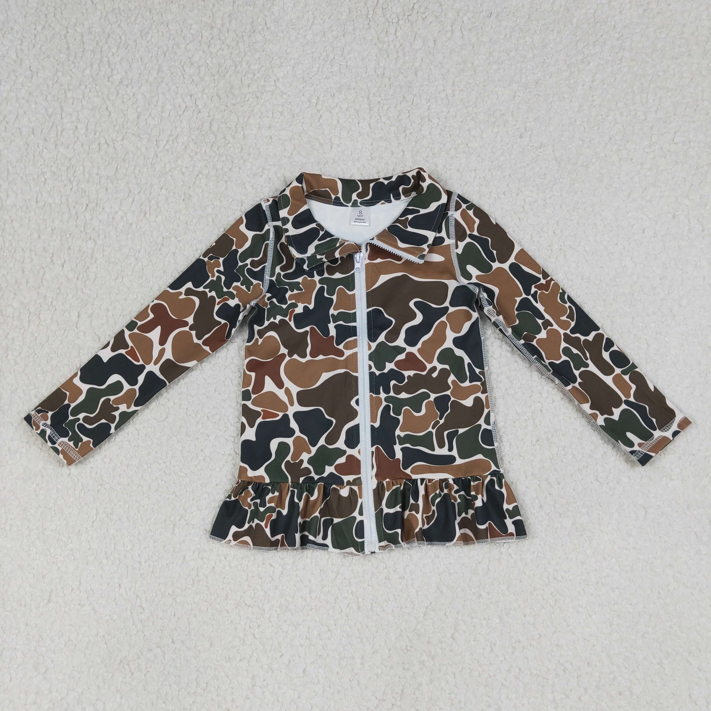 GT1315 Brown Green Camouflage Ruffle Zipper Long Sleeve Girls Yoga Tops 202604 RTS