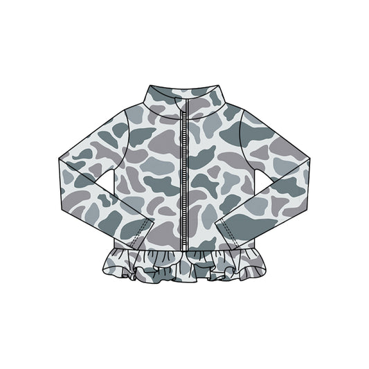 MOQ 5 Preorder GT1316 Gray Camouflage Ruffle Zipper Long Sleeve Girls Yoga Tops 202510