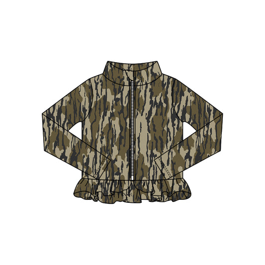 MOQ 5 Preorder GT1317 Arm Green Leaf Camouflage Ruffle Zipper Long Sleeve Girls Yoga Tops 202510