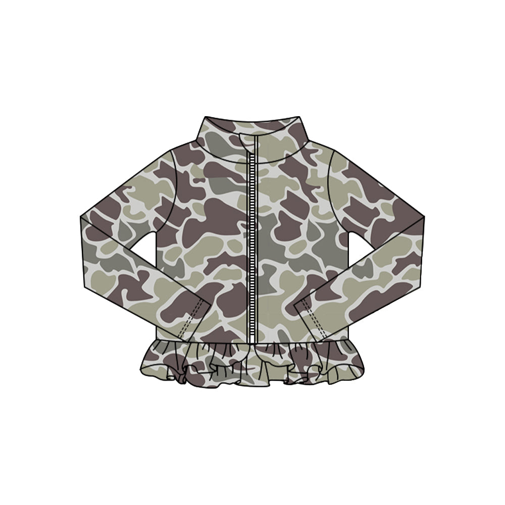 MOQ 5 Preorder GT1319 Gray Camouflage Ruffle Zipper Long Sleeve Girls Yoga Tops 202510