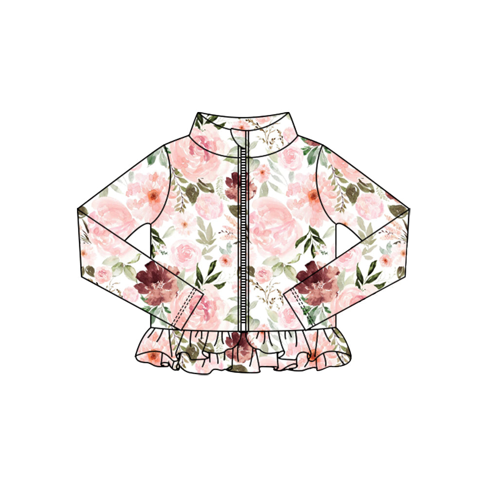 MOQ 5 Preorder GT1320 Orange Pink Flower Leaf Ruffle Zipper Long Sleeve Girls Yoga Tops 202510
