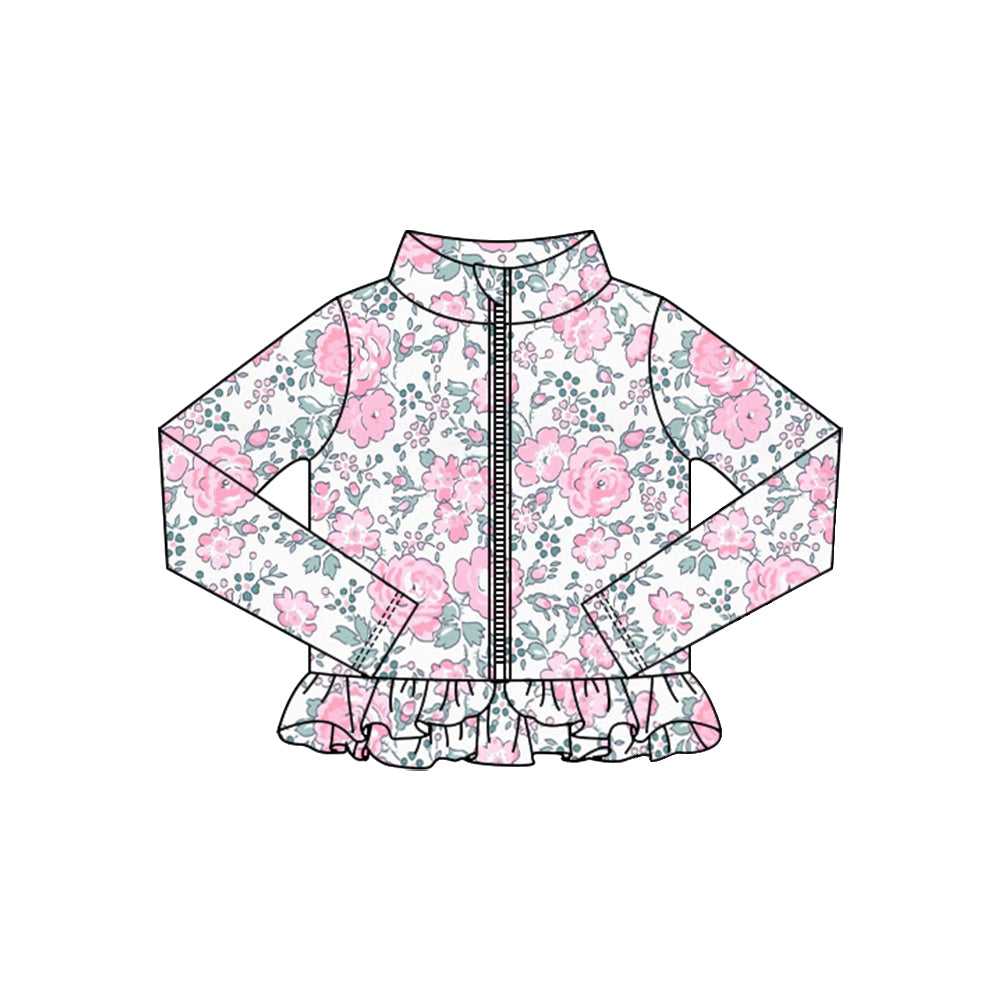 MOQ 5 Preorder GT1322 Pink Flower Leaf Ruffle Zipper Long Sleeve Girls Yoga Tops 202510
