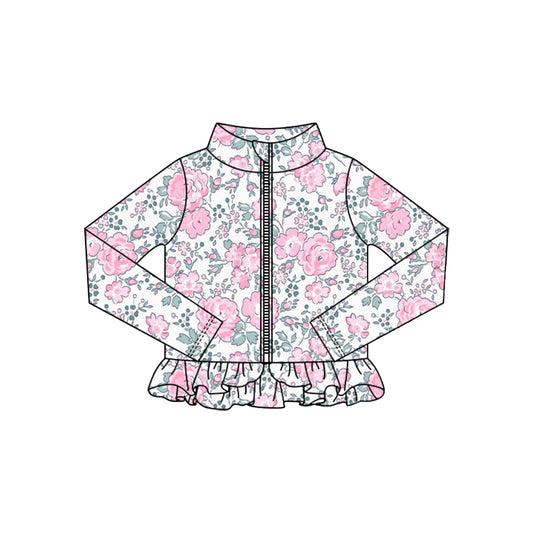 MOQ 5 Preorder GT1322 Pink Flower Leaf Ruffle Zipper Long Sleeve Girls Yoga Tops 202510