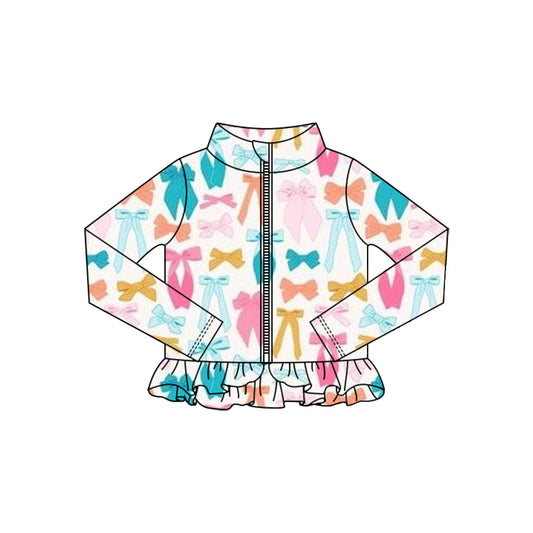 MOQ 5 Preorder GT1323 Colored Bows Ruffle Zipper Long Sleeve Girls Yoga Tops 202510