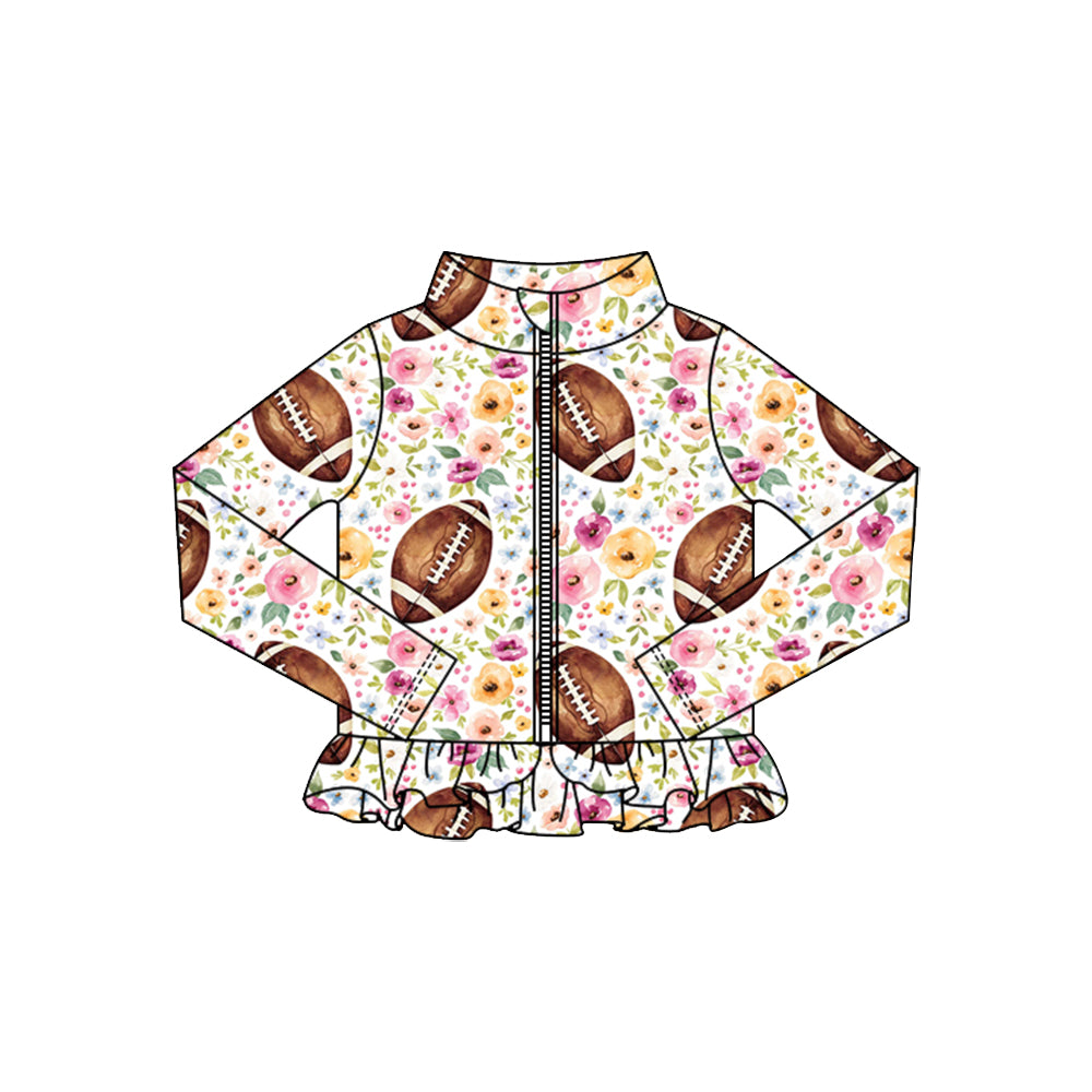 MOQ 5 Preorder GT1324 Floral Rugby Pattern Ruffle Zipper Long Sleeve Girls Yoga Tops 202510
