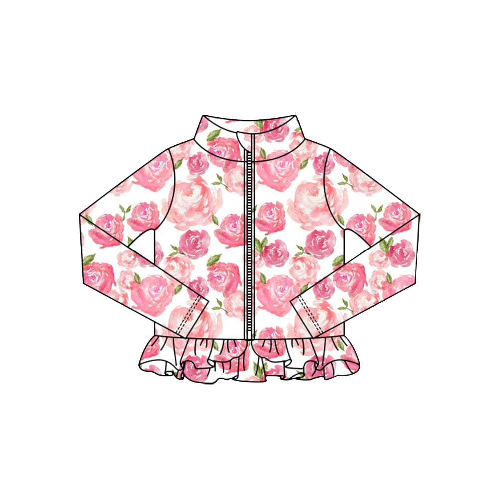 MOQ 5 Preorder GT1325 Rose Pink Flower Pattern Ruffle Zipper Long Sleeve Girls Yoga Tops 202510