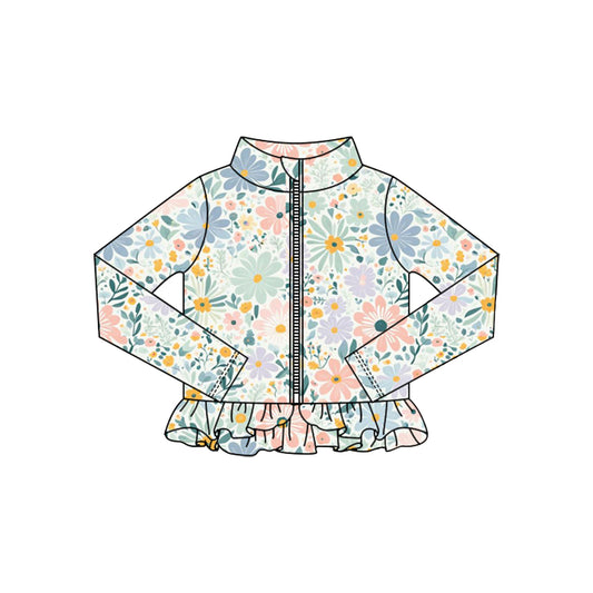 MOQ 5 Preorder GT1326 Flower Blue Green Ruffle Zipper Long Sleeve Girls Yoga Tops 202510