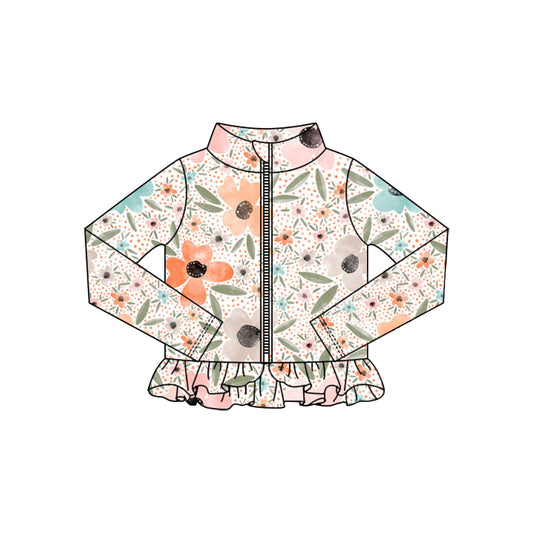 MOQ 5 Preorder GT1327 Flower Leaf Dots Ruffle Zipper Long Sleeve Girls Yoga Tops 202510