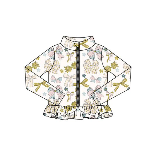MOQ 5 Preorder GT1328 Bows Flower Ruffle Zipper Long Sleeve Girls Yoga Tops 202510