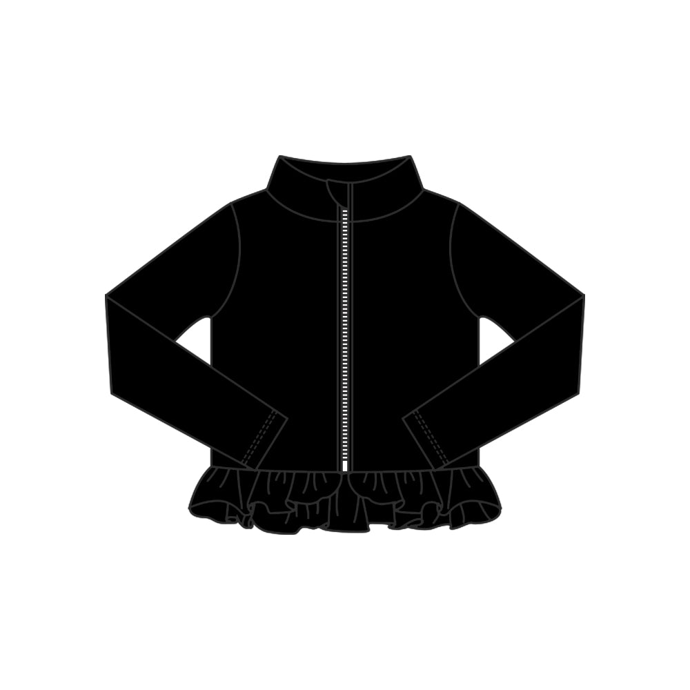 MOQ 5 Preorder GT1329 Solid Black Ruffle Zipper Long Sleeve Girls Yoga Tops 202510