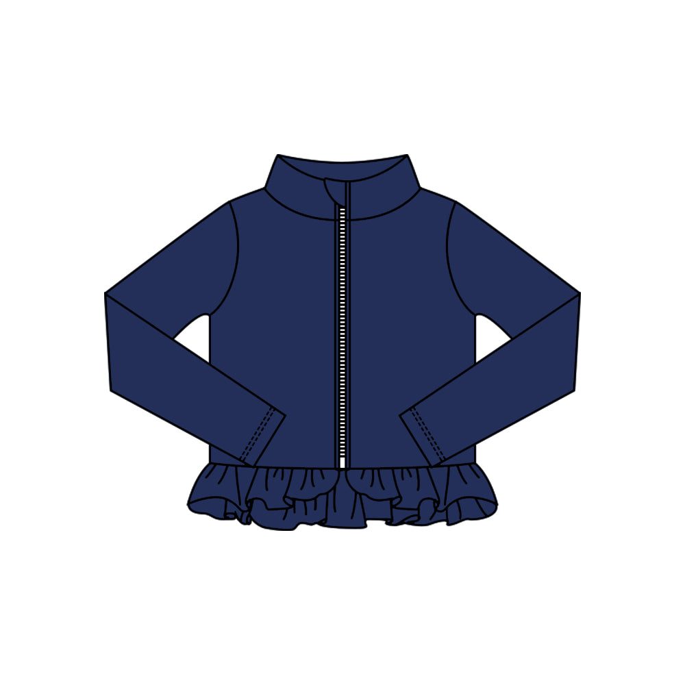 MOQ 5 Preorder GT1330 Solid Navy Ruffle Zipper Long Sleeve Girls Yoga Tops 202510