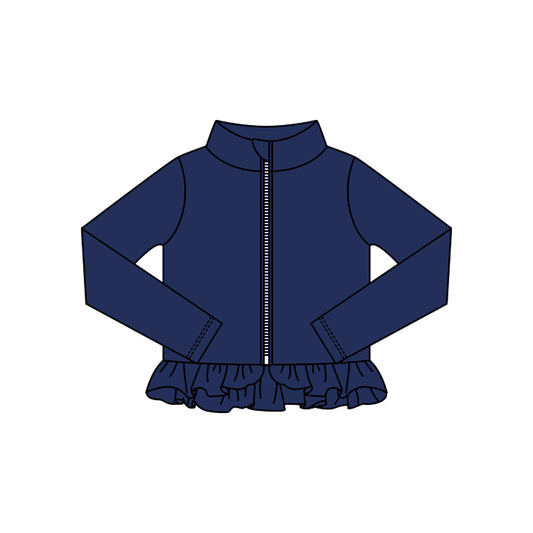 MOQ 5 Preorder GT1330 Solid Navy Ruffle Zipper Long Sleeve Girls Yoga Tops 202510