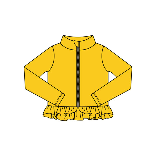 MOQ 5 Preorder GT1331 Solid Yellow Ruffle Zipper Long Sleeve Girls Yoga Tops 202510