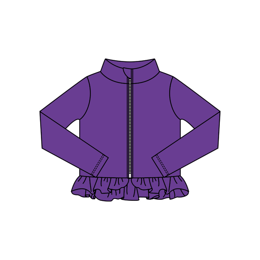 MOQ 5 Preorder GT1332 Solid Purple Ruffle Zipper Long Sleeve Girls Yoga Tops 202510