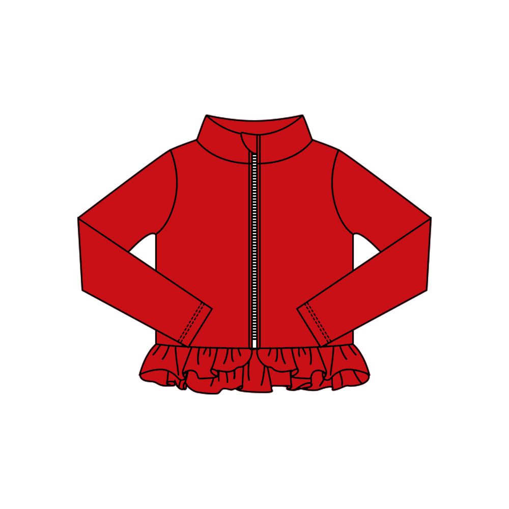 MOQ 5 Preorder GT1333 Solid Red Ruffle Zipper Long Sleeve Girls Yoga Tops 202510