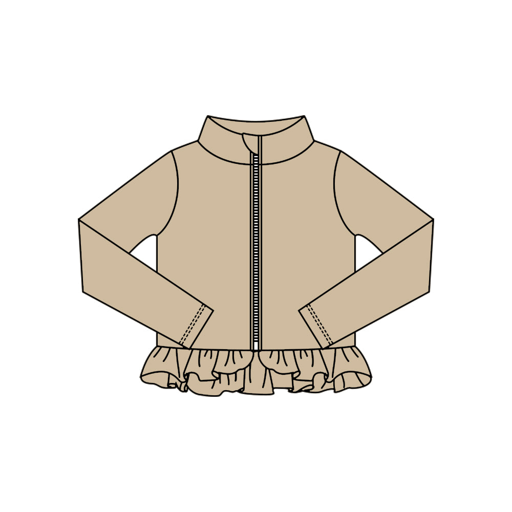 MOQ 5 Preorder GT1334 Solid Khaki Ruffle Zipper Long Sleeve Girls Yoga Tops 202510